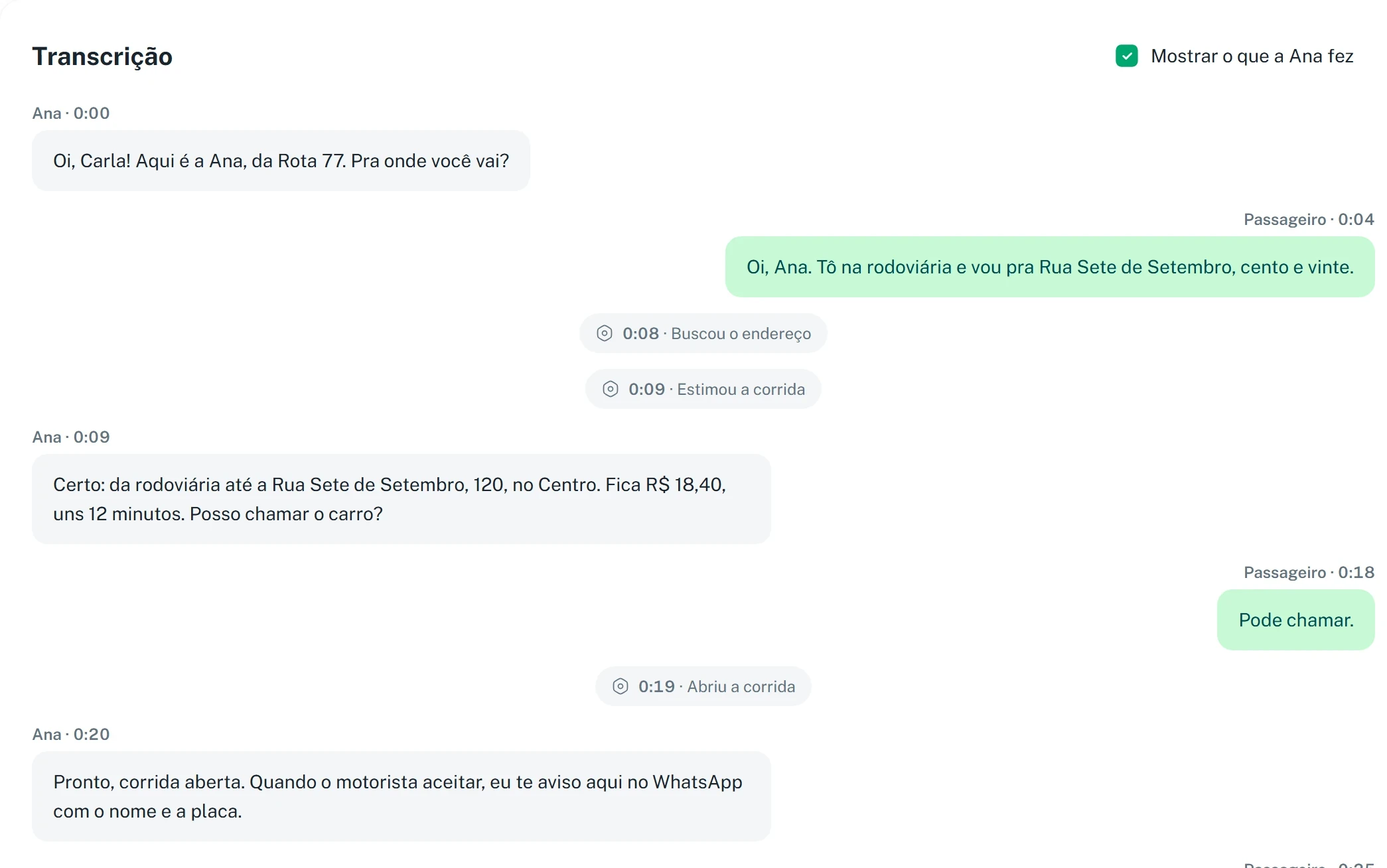 Transcrição da ligação com o que a Ana fez: buscou o endereço, estimou a corrida e abriu a corrida