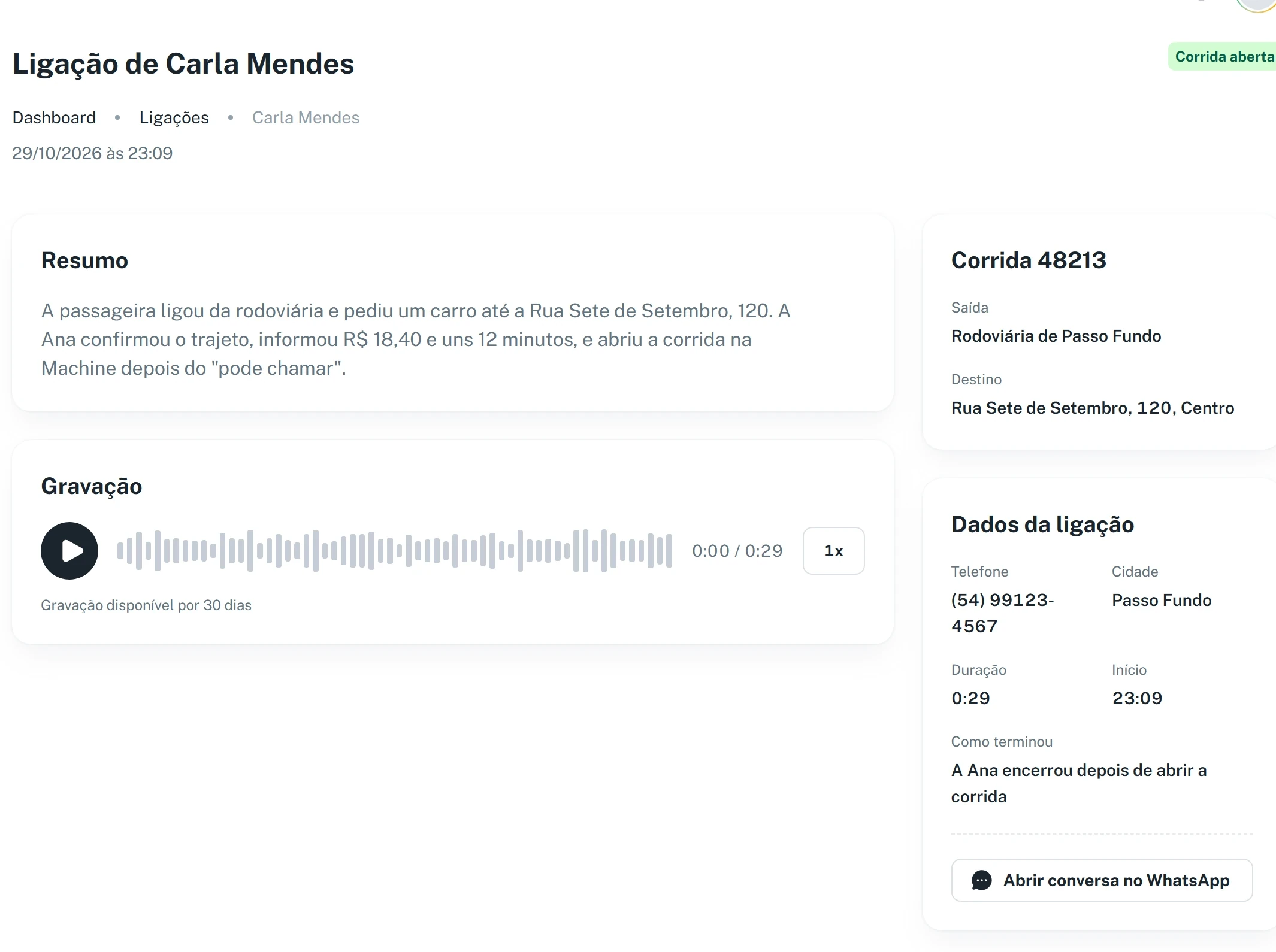 Tela de Ligações do painel: ligação de Carla Mendes com corrida aberta, o resumo da Ana, a gravação de 0:29 e a corrida 48213
