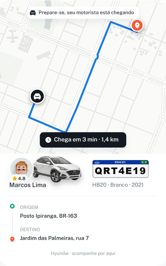 Cartão do motorista enviado no WhatsApp: Marcos Lima, HB20 Branco, placa QRT4E19, chega em 3 minutos